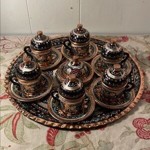 Handcrafted Copper Turkish Ceramic Coffee and Expresso Set with Tray